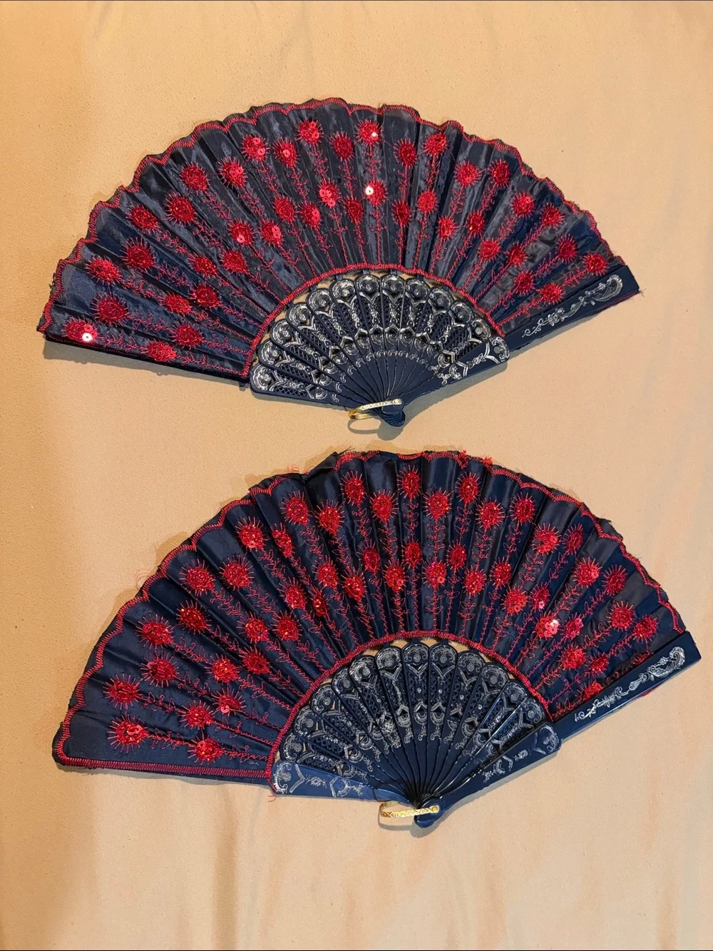 Black Lace Hand Fan with Red Embroidery (Pair)